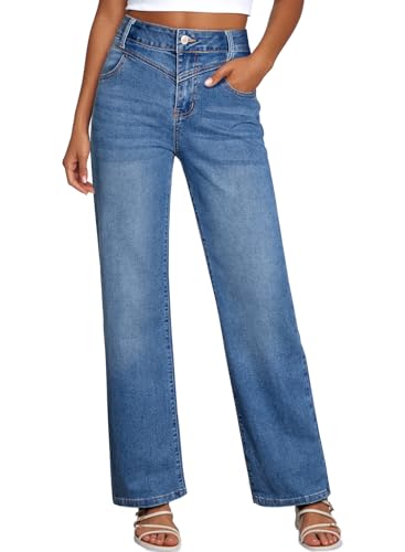 Sidefeel Women's Wide Leg Jeans High Waisted Straight Leg Stretchy Denim Pants with Pockets Light Blue Size 12