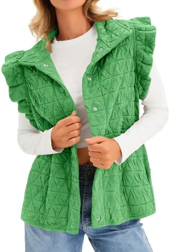Cicy Bell Women Ruffles Puffer Vest Sleeveless Button Down Padded Jacket Gilet Trendy Fall Winter Outerwear