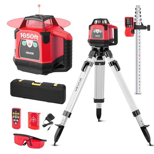 VEVOR Rotary Laser Level Kit, 1650ft 360-Degree Self Leveling Red Horizontal Laser Transit,with Heavy-duty Tripod, Receiver, Remote Control, Toolcase, IP54 Waterproof, 0.06 in/100 ft for Construction by VEVOR - Used condition - US$310.28