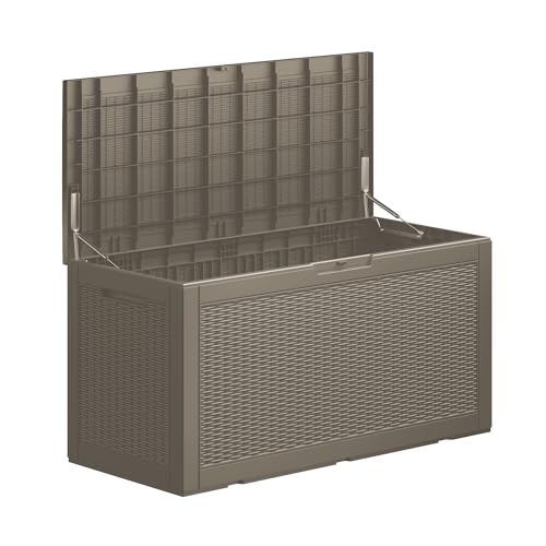 Decksplore Caja de resina con cerradura de 100 galones, caja de almacenamiento impermeable para muebles de patio, herramientas de jardín, accesorios de piscina, resistente a los rayos UV, color gris