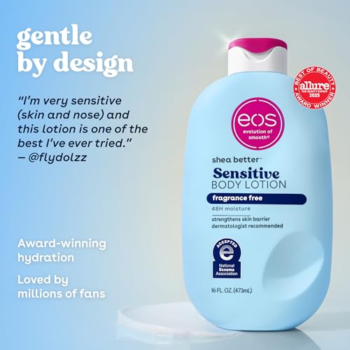 Image of eos Shea Better Sensitive Skin Body Lotion - Fragrance-Free, 48-Hour Moisture Eczema Cream & Dry Skin Relief, Vegan, 16 fl oz (Packaging may vary)