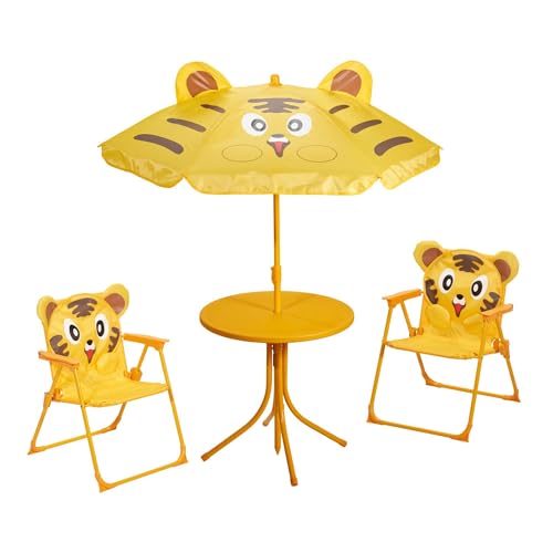 Well Home Conjunto jardín niños 4 Piezas (Mesa + 2 sillas + Paraguas) diseño Tigre, Plegable y Ligero