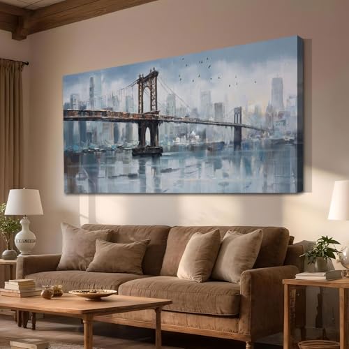 Enartly Brooklyn Bridge Wall Art Canvas Abstract Skyline New York City Painting Modern Bridge Colorful NYC Picture Framed for Bedroom Bathroom Living Room Home Office Wall Decor Large Size 48"x24"