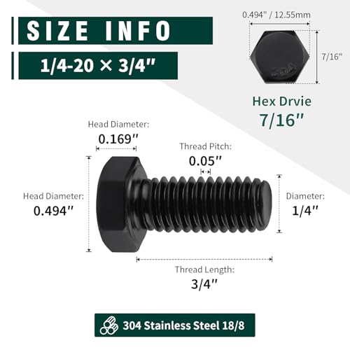 Image of 1 /4-20 x 3 /4 inch Hex Head Bolts Black, 304 Stainless Steel 18-8 Hexagon Head Screws Bolts, Black Oxide Finish, Allen Hex Drive, 20 PCS