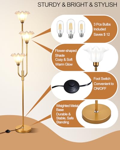 Image of Lightdot 66IN Flower Floor Lamp 3-Lights Vintage Floor Lamps with 3000K Bulbs Included for Wedding Party Modern Dimmable Gold Tall Standing Lamp with 5Lbs Heavy Base for Living Room /Bedroom /Sofa