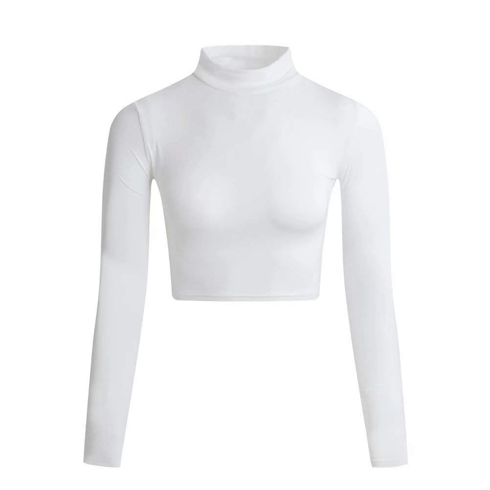 LONGBIDAWomen's Long Sleeve Mock Neck Pure Soft Thin Sexy Stretch Crop TOP T Shirt