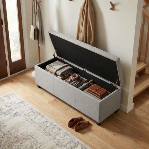 Image of SIMPLIHOME Avalon - Banco contemporaneo tipo otomana rectangular con almacenamiento de 48 pulgadas de ancho, en tela con aspecto de lino color gris nube, para sala de estar, entrada y sala familiar