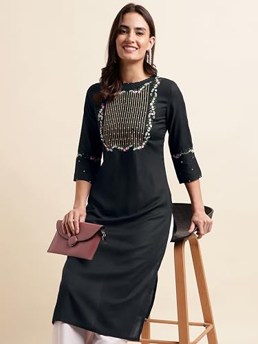 Image of MIRCHI FASHION Women's Straight Fit Rayon Sequins Embroidered and Polka Dots Printed Kurti Only