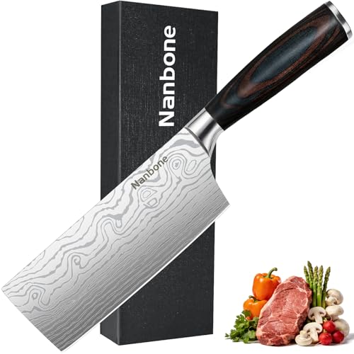 Nanbone Nakiri Knife 7 Inch Sharp Meat Cleaver and Vegetable Kitchen Knife Damascus Asian Chef Knife for Home and Kitchen with Ergonomic Handle High Carbon Stainless Steel knife Chef Cooking Gift