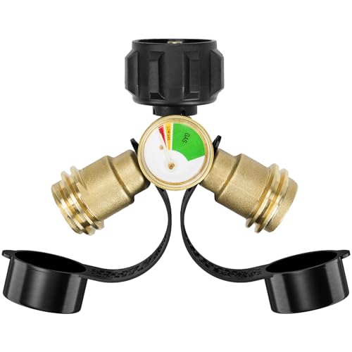 Rushare Propane Splitter Propane Tank Splitter with Gauge Solid Brass Propane Splitter 2 Way with Built-in Check Valve for Camping Stoves BBQ Grills Gas Burners Heater and More