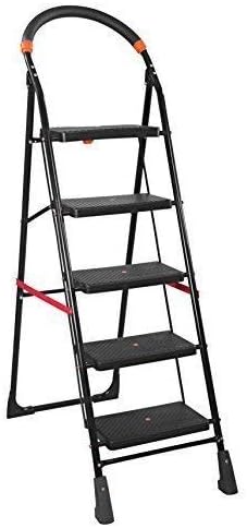 GRAZIA 5 Steps Foldable Ladder with Step | Anti-Skid Bottom with Anti-Slip Steps | Safety Clutch Lock | Knee Guard | for Home, Offices, Shops, Kitchen and School (Black, Large)