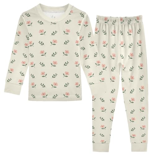 Cartoon Pajamas Set Flowers Leaves Light Beige Pattern Long Sleeve PJs Cotton Jammies Sleepwear Top and Pants