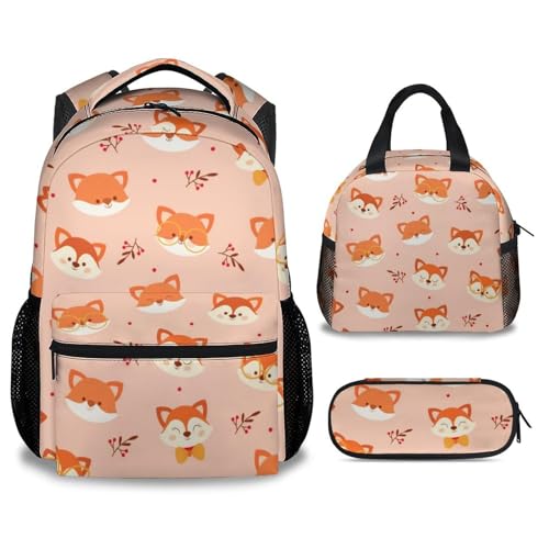 Fox Backpack with Lunch Box Set for Girls, 3 in 1 School Backpacks Matching Combo, Cute Orange Bookbags and Pencil Case Bundle