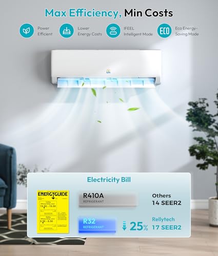 Image of Rellytech Mini Split Ac /Heating System, 11500 BTU Mini Split Air Conditioner Inverter with Heat Pump, 115V 17 SEER2 Energy Efficient Ac Units Up to 550 Sq.Ft, 24H Timer, Installation Kit