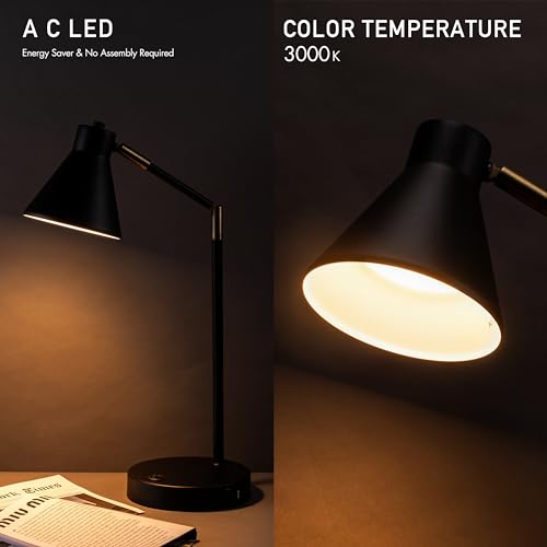 LED Desk Lamp with Dual USB Charging Ports, Metal Construction, Swivel Arms, Soft White Light - Black