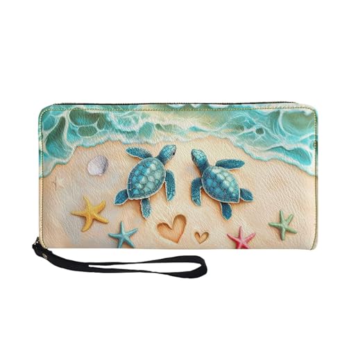 Wanyint Sea Turtle Starfish Beach Women Wallet Purse with Wrist Strap Travel Coin Bag Faux Leather Zipper Closure Clutch Purse Pouch ID Card Holder