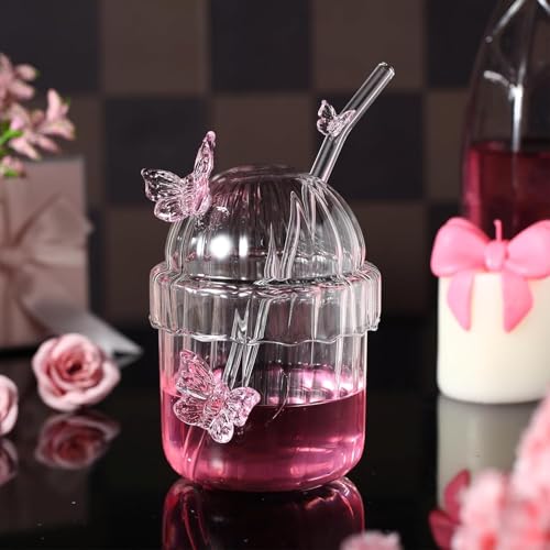 Image of Pink Butterfly Glass Cup with Lid and Straw,3D Butterfly Glass Tumbler Cute Aesthetic Cups Vintage French-Style Drinking Glasses for Hot and Cold Beverages Juice,Cocktail,Whiskey,Milk