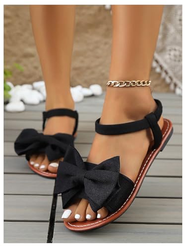 OYOANGLE Girl's Bow Sandals Open Toe Ankle Strap Flat Sandal Summer Dress Shoes4