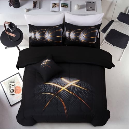 A Nice Night 6Pcs Bed in A Bag Twin Sports Comforter Set 3D Phnom Penh Black Basketball Printing for Kids Teen Boys Twin