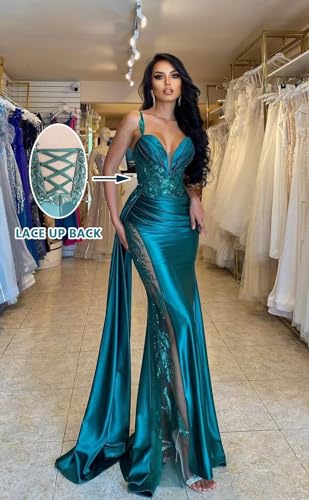 Spaghetti Strap Satin Prom Dresses Long V Neck Mermaid Evening Gown Corset Applique Formal Dress with Train2