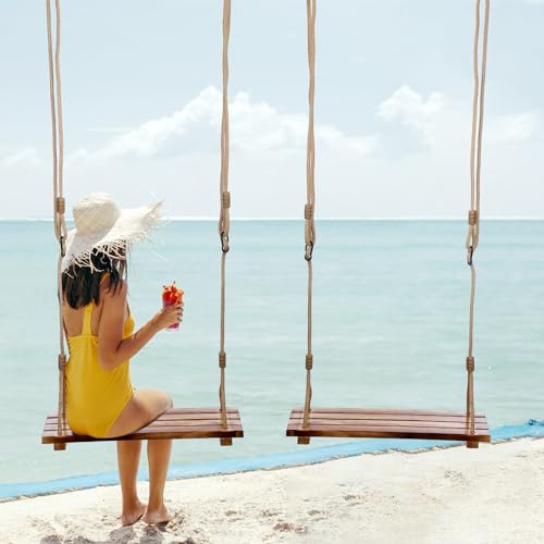 Hollowfly 2 Pcs Wood Swing Seat Carbonized Hanging Wood Tree Swing Adjustable Anticorrosive Waterproof 440lbs Load Indoor Outdoor Backyard Play, 24 x 6.3 x 1.42 Inch (Classic Style)