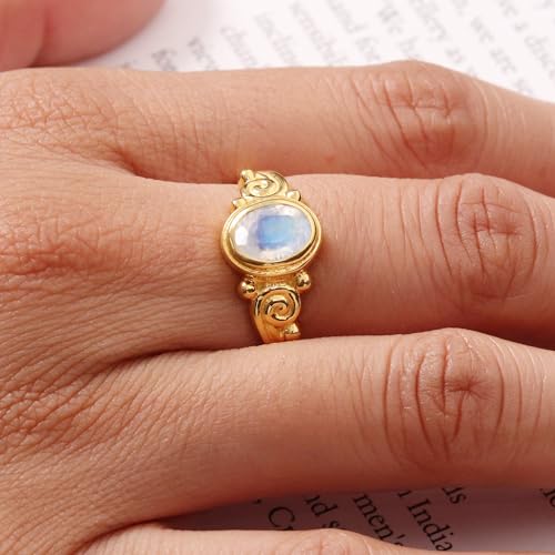 Bague pierre de lune durable qui ne noircit pas en argent et or 18k - 7