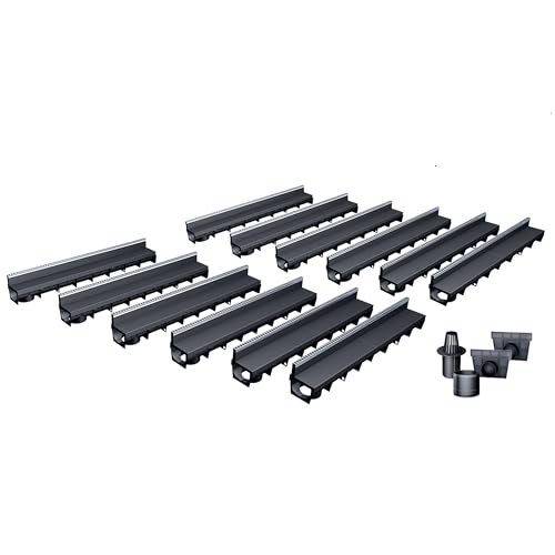 Pack de 12 Caniveaux Extérieurs MEAPARK – Grille à Fente en PP Recyclé + Profil E-Blade L en Inox – Drainage Terrasse, Piscine, Jardin – Classe A15...