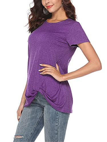 SHIBEVER Women's Tops Short Sleeve Shirts Twist Knotted T Shirts Round Neck Tunic Purple XL