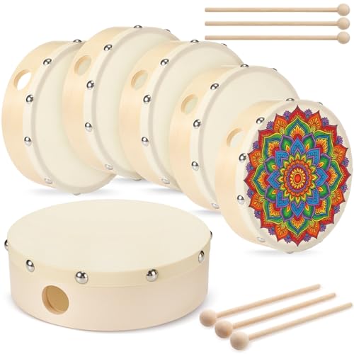 Joyfolk 6 Pack 6 Inch Hand Drum Drumhead DIY Handpan Wood Frame Drum with Beater Sticks for Adults...