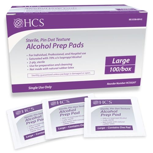 HCS Large Alcohol Prep Pads - Textured 70% Isopropyl Alcohol Wipes Individually Wrapped - 2 ply Sterile Skin Prep Swabs for Injections First Aid (100/Box)