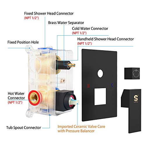 Image of SR SUN RISE 12 Inches Shower System with Tub Spout Modern Tub and Shower Faucet Combo 1.8GPM All Metal Square Rainfall Shower Head and Handheld Shower Fixture Include Valve and Trim Kit, Matte Black