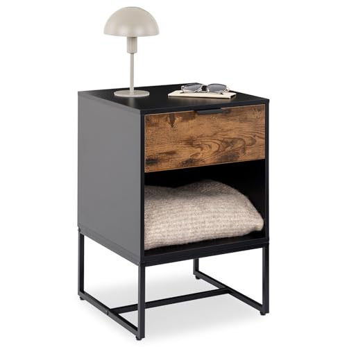 IDIMEX Table de Chevet Malam H 61 cm 1 Tiroir Coloris Noir et Brun Vintage avec Niche et Pieds en métal, Design Moderne et Rangement Pratique