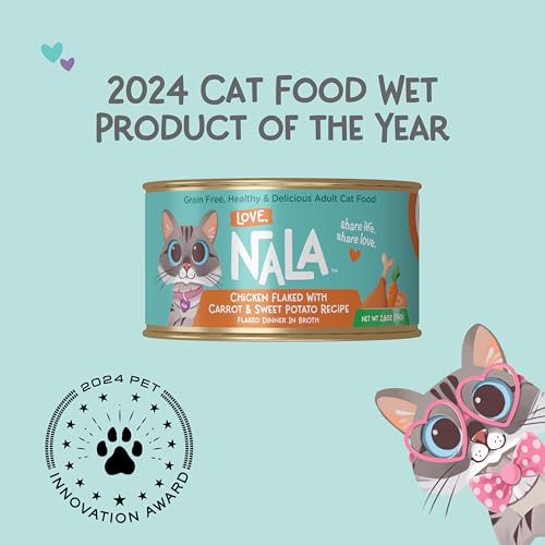 Image of LOVE, NALA - Natural Adult Cat Wet Food - FLAKED Chicken with Carrot & Sweet Potato in Broth - Grain Free, Non-GMO, Lean Protein, Digestive Fiber Blend, Added Minerals & Vitamins - 12 Pack, 2.4 lbs.