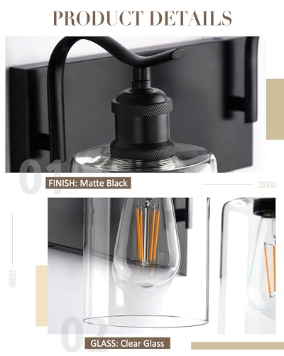 Image of 2-Light Black Bathroom Light Fixture Over Mirror, Modern Vanity Light, Clear Glass Wall Sconce, VL01BK-2
