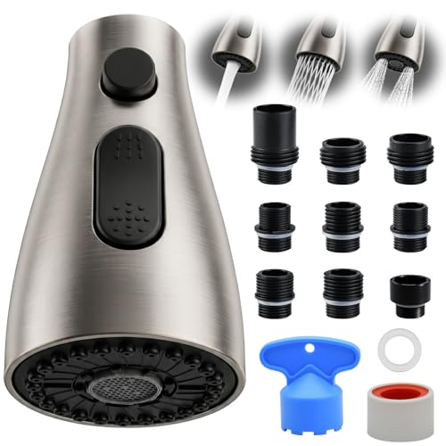 Kitchen Faucet Head Replacement 3-Function Pull Down Spray Head with 9 Adapters Sink Faucet Spray Head Compatible with Moen Delta American Standard Faucet etc Brushed Nickel