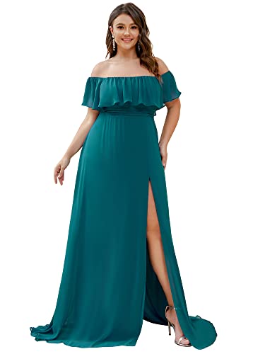 Ever-Pretty Plus Women's Off Shoulder Short Sleeves Empire Waist Side Split Chiffon Flowy Plus Size Bridesmaid Dresses Teal US22