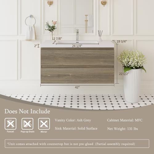 Image of KEIKI 42'' Wall-Mounted Bathroom Vanity with Sink - Floating Design, 2 Soft-Close Drawers & Resin Basin, Space-Saving for Small Bathrooms, Ash Grey