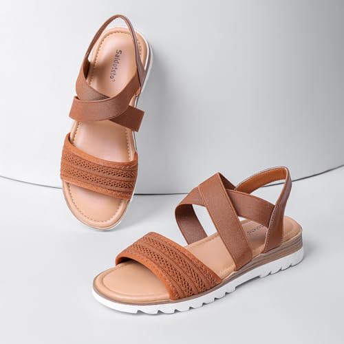 Image of Saidoteto Women's Flat Sandals,Comfortable Elastic Ankle Strap Slingback Slip-On Open Toe Low Wedge Walking Sandals for Summer & Casual