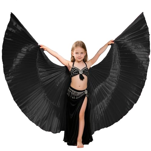 Tefrica Women's Professional Belly Dance Wings with Sticks Halloween Carnival Performance Accessories (Black, Kids)