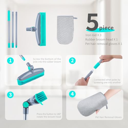 Image of 180Rotating Head Rubber Broom with Squeegee for Pet Hair Removal - 51 inch Iron Handle Fur Remover Rake Brush for Carpet, Hardwood & Tile Floors, Includes Pet Hair Removal Gloves (Blue)
