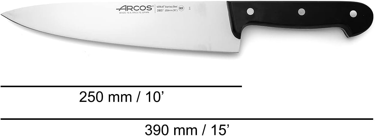 Arcos Chef Knife 10 Inch Stainless Steel. Professional Cooking Knife For Cutting Variety of Foods. Ergonomic Polyoxymethylene Handle and 250 mm Blade. Series Universal. Color Black