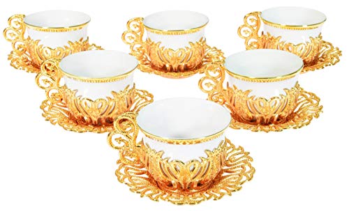Alisveristime Turkish Coffee Cup Set, White Porcelain and Zinc Metal with Turkish Motifs, 6 Cups and Saucers (Gold)