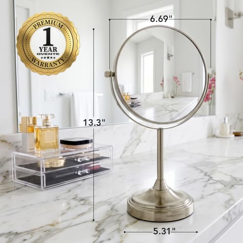 Image of OVENTE 7 inch Tabletop Magnifying Makeup Mirror, Nickel Brushed MNLCT70BR1X7X | Double Sided Vanity Standing Mount Mirror with 1X /7X Magnification, 360 Rotation, Perfect for Dresser Bedroom Office Desk