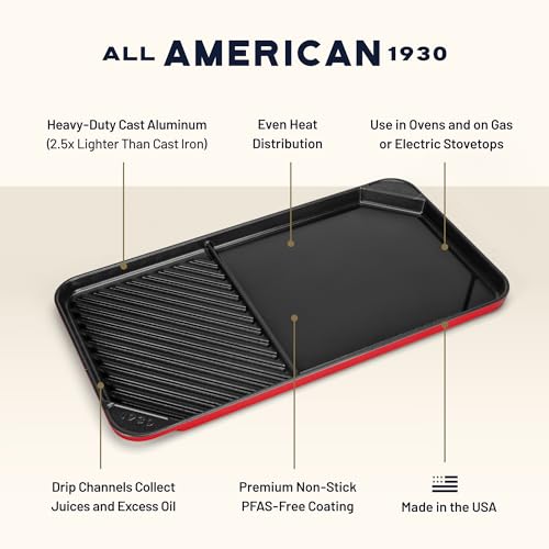 Image of All American 1930 - Ultimate 60 /40 Griddle with Ceramic Non-Stick Coating - Tomato Red - Durable & PFAS Free - Indoor Griddle for Easy Prep, Cooking, & Cleaning - Made in the USA