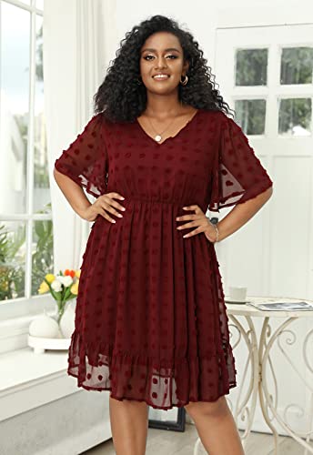 Vestido Feminino Plus Size Com Decote Em V Polka, Manga Floral Boêmia De Manga Curta Cintura Alta Ru