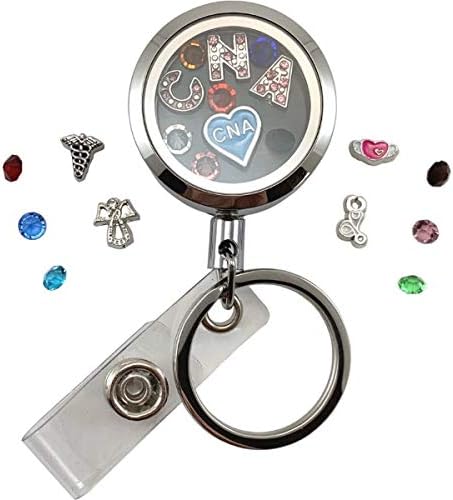 Custom One-Piece Floating Charm Stainless Steel Vessel with Sturdy Screw Top Lid and Key Ring Retractable Heavy Duty Belt Clip ID Badge Holder (FC BC CNA)
