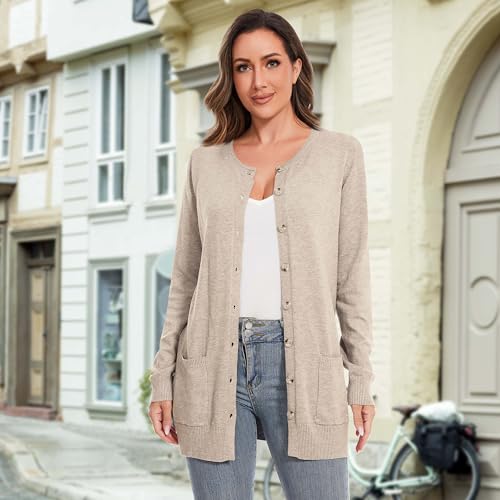 Women Loose Casual Lightweight Long Sleeve Crewneck Cardigan Sweaters Open Front Button Down Outwear with Pockets2