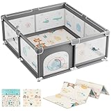 JUPPLIES Parque Infantil Bebe 120x120cm + Alfombra Bebe – Corralito Bebe con Malla Transpirable – Parque de Juegos Bebe Plegable con Puerta Lateral – Playpen Bebe - Gris