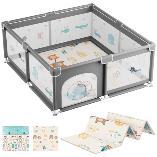 Jupplies Parque Infantil Bebe 120x120cm Alfombra Bebe Corralito Bebe Con Malla Transpirable Parque De Juegos Bebe Plegable Con Puerta Lateral Playpen Bebe - Gris