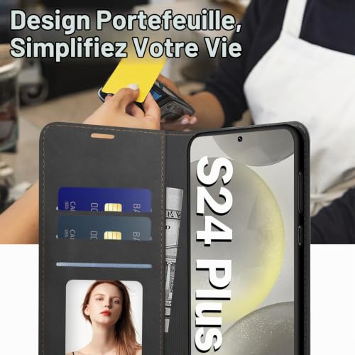 Neivi Coque pour Samsung Galaxy S24 Plus 5G Housse Cuir avec Magnétique Premium Flip Portefeuille Emplacement Carte Fermoir Coque Samsung S24 Plus Etui en Cuir,Antichoc Coque S24 Plus 5G (Noir) – vue 6